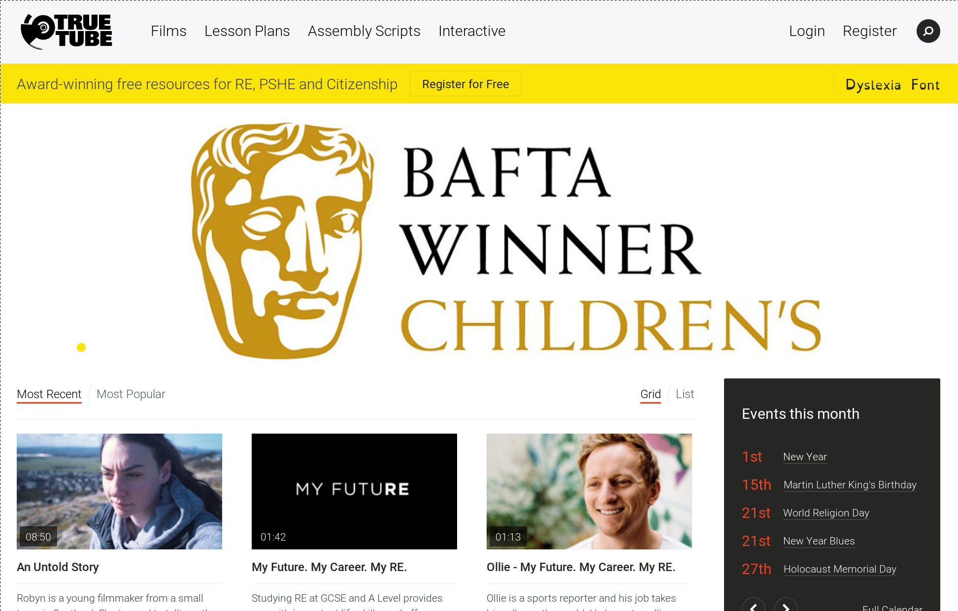 Screenshot of award winning TrueTube web app