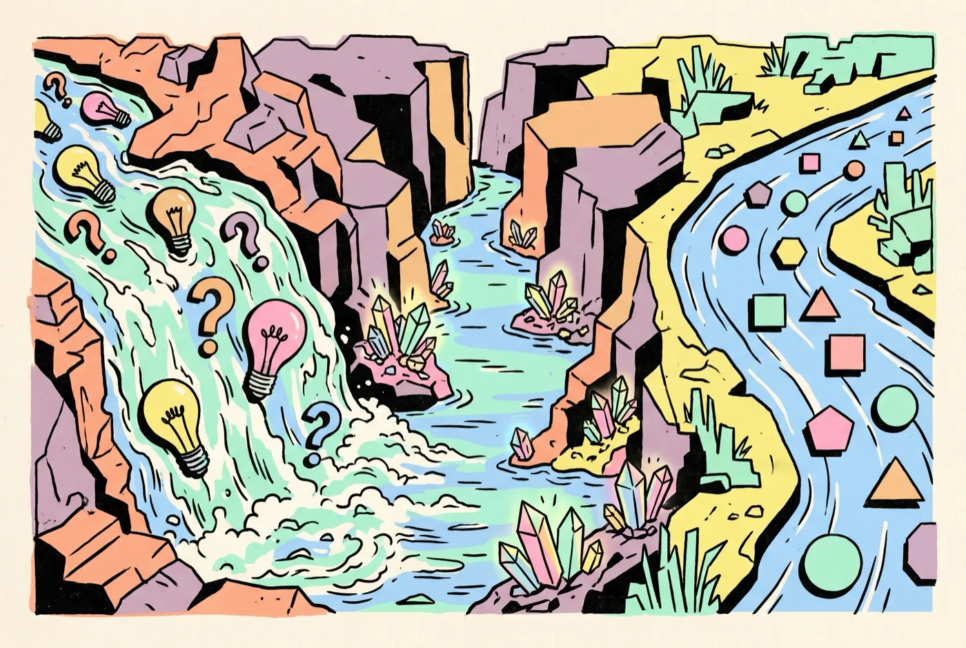 Illustration of a river of ideas narrowing through a rocky gorge where crystalline understanding accumulates, then flowing out as orderly shapes