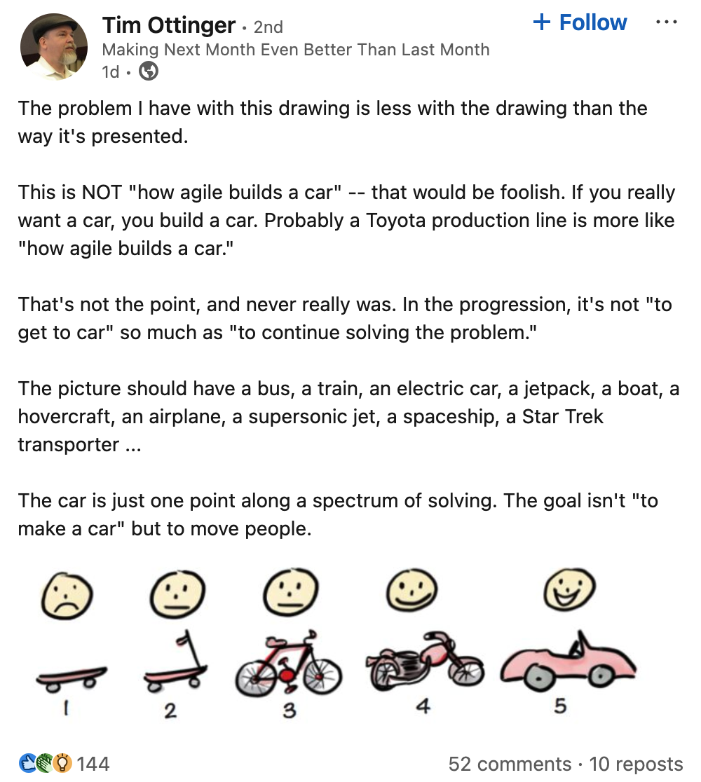 Tim Ottinger's LinkedIn post critiquing the Henrik Kniberg
skateboard-to-car illustration, arguing the goal isn't to make a car but to move people