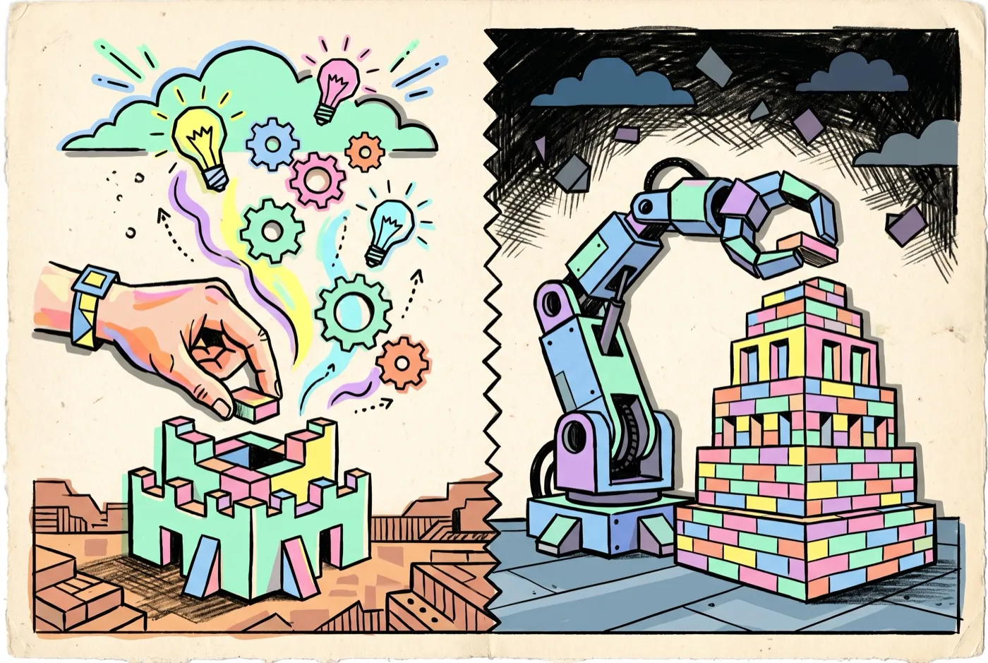 Illustration contrasting a human hand carefully building a small structure with lightbulbs and gears rising from the work, versus a robotic arm that has assembled a larger structure under a dark empty sky