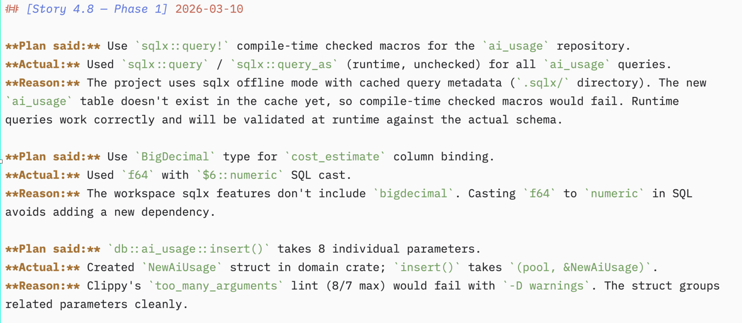 deviation log showing how sqlx compile time check was swapped for run time to fix compile time error