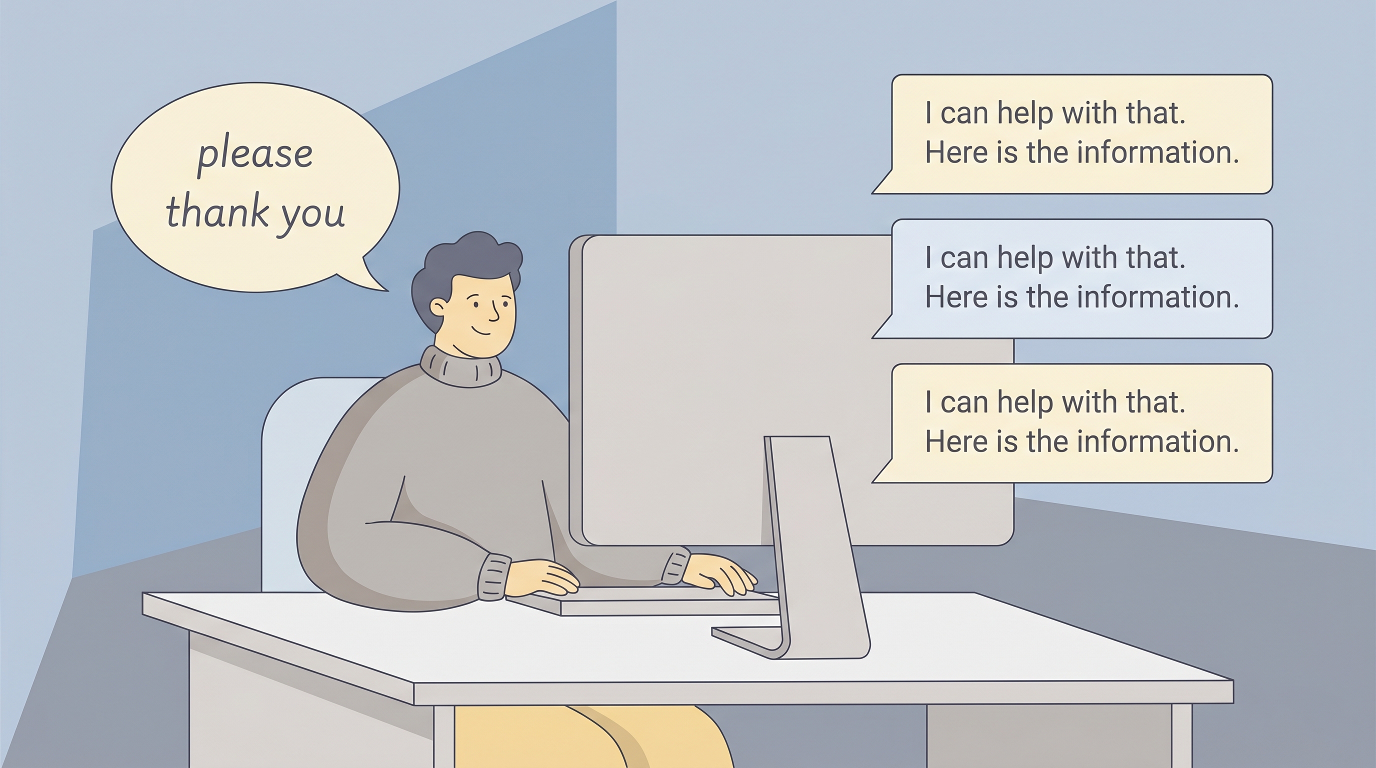 Illustration of a person at a desk saying 'please' and 'thank you' to a computer, while the AI responds with three identical replies.