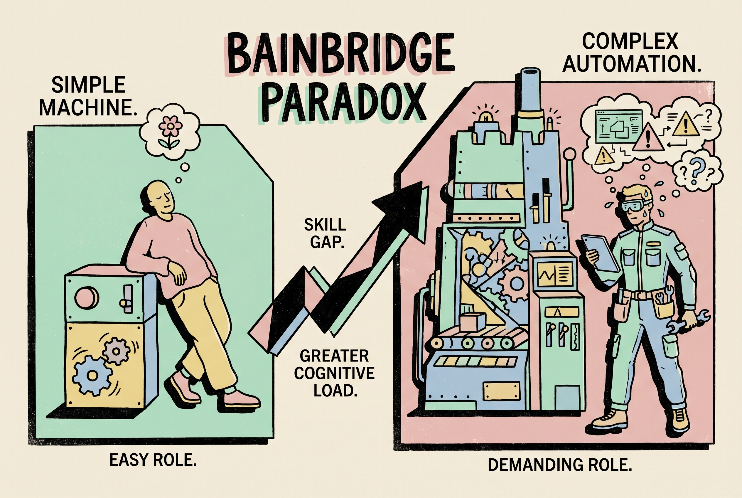 The Bainbridge Paradox: on the left a person leans casually against a simple machine, on the right the same person is alert and equipped with tools beside a complex automated system, with an upward arrow showing that greater automation demands greater human skill