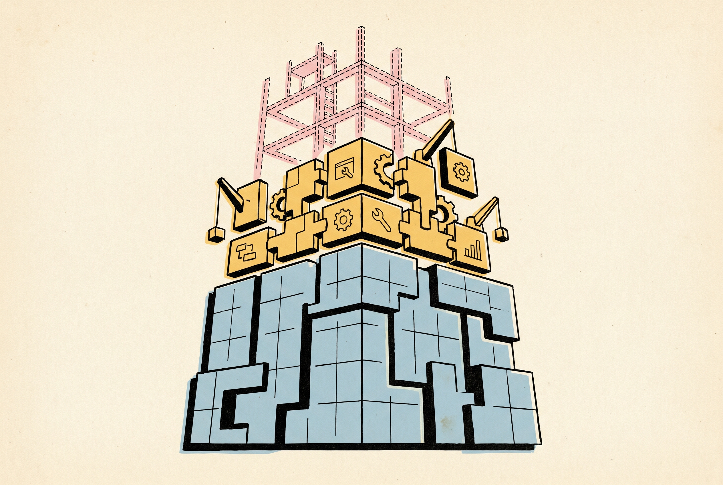 A tower under construction: solid blue foundation blocks, yellow middle layer being assembled with cranes, and pink scaffolding outline at the top representing the not-yet-built future