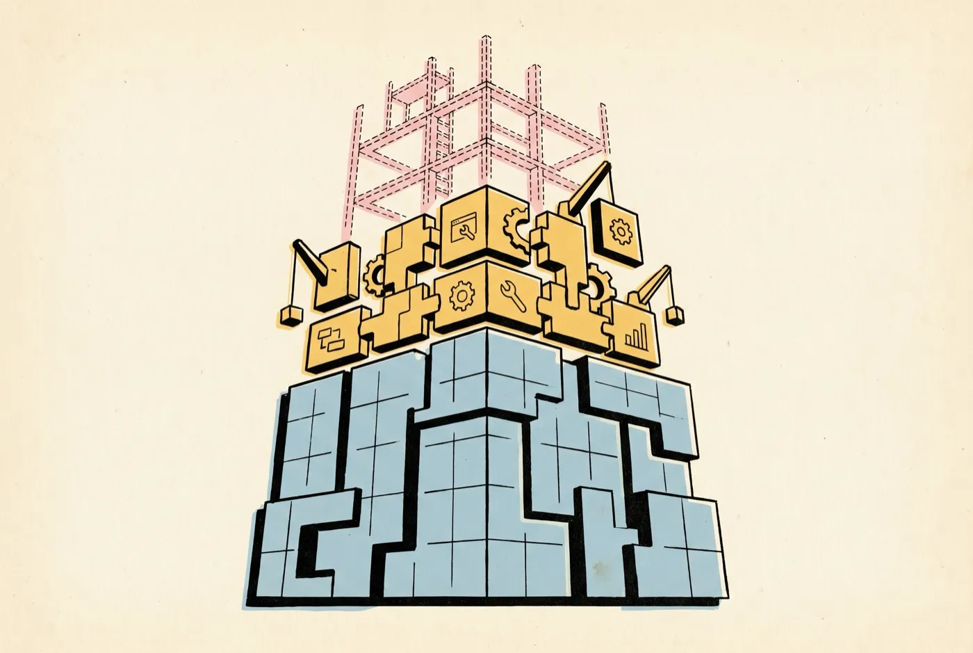 A tower under construction: solid blue foundation blocks, yellow middle layer being assembled with cranes, and pink scaffolding outline at the top representing the not-yet-built future