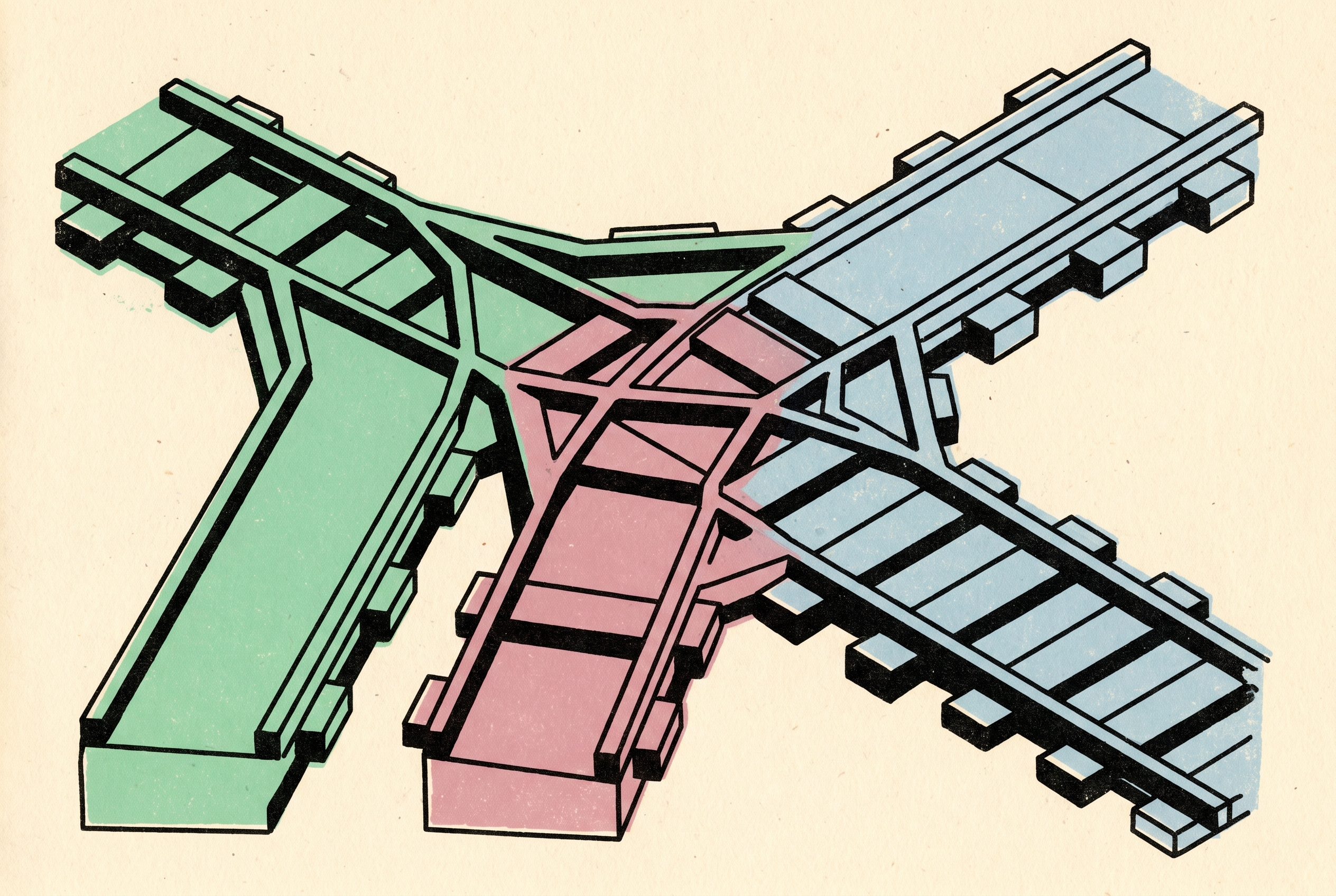 Three railroad tracks diverging in different directions, representing the three distinct fields that get lumped together as self-healing software