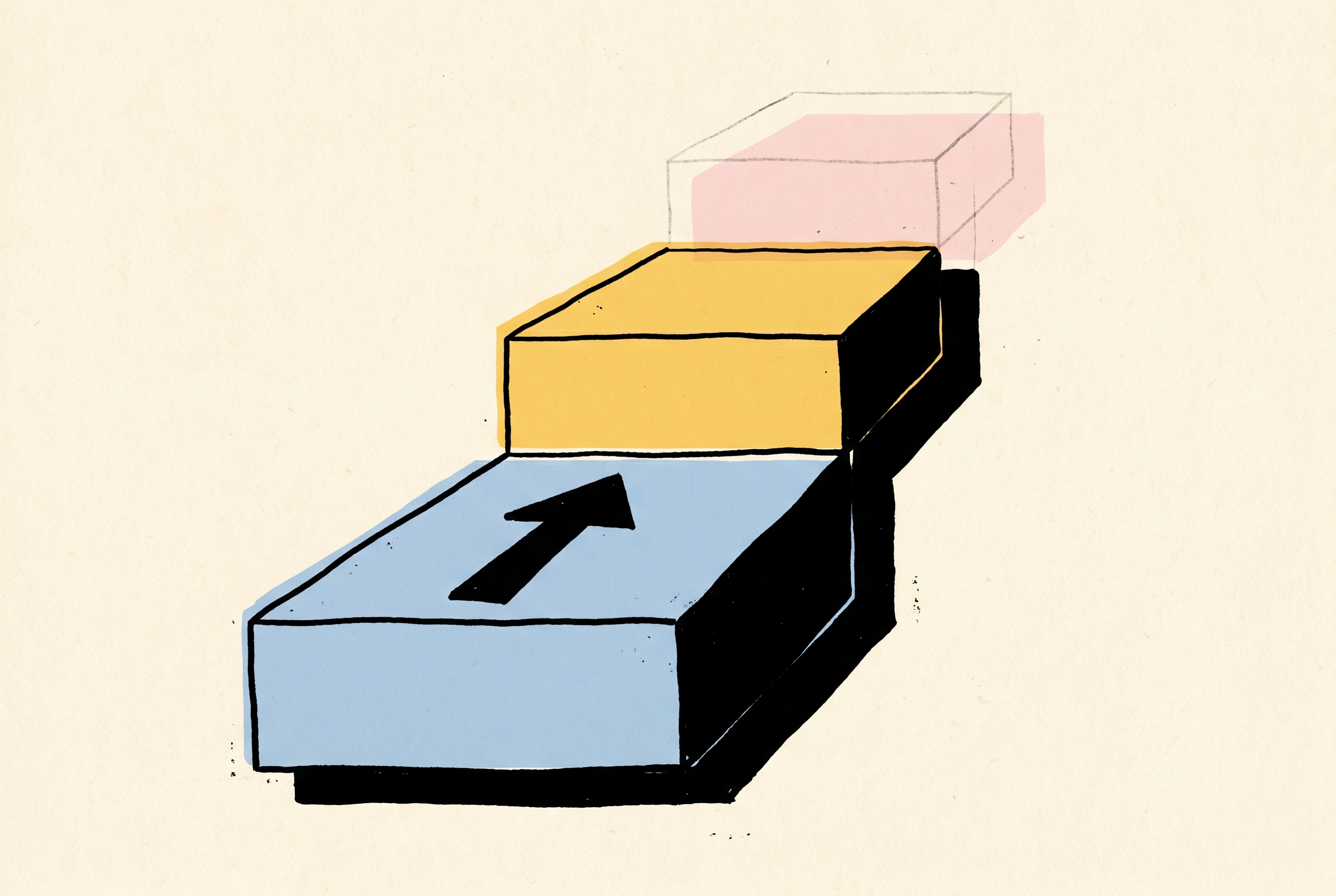 Three ascending blocks from large to small: a solid blue base with an arrow marker, a solid yellow middle step, and a translucent pink top step, representing the trust gradient that most organisations have barely started climbing